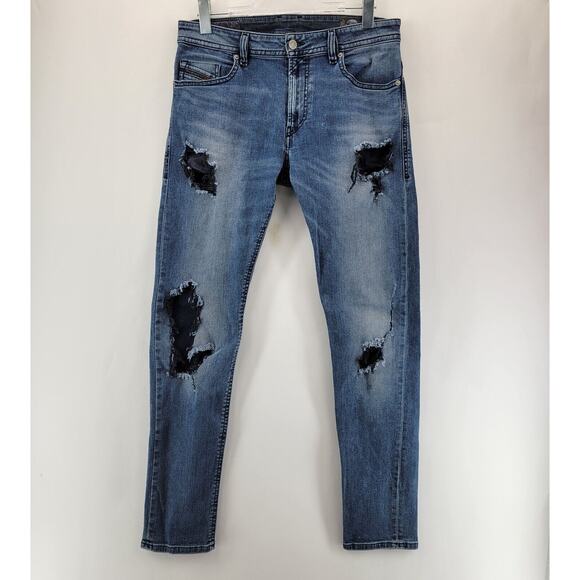 Diesel Jeans Mens 30x32 Thommer Slim Skinny Very Distressed Holes Rock And Roll - Picture 1 of 14